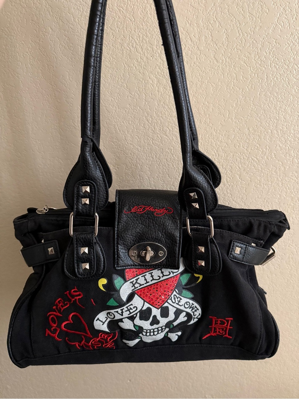 Rare Ed Hardy Black Shoulder Bag with Red and White Skull Heart Embroidery